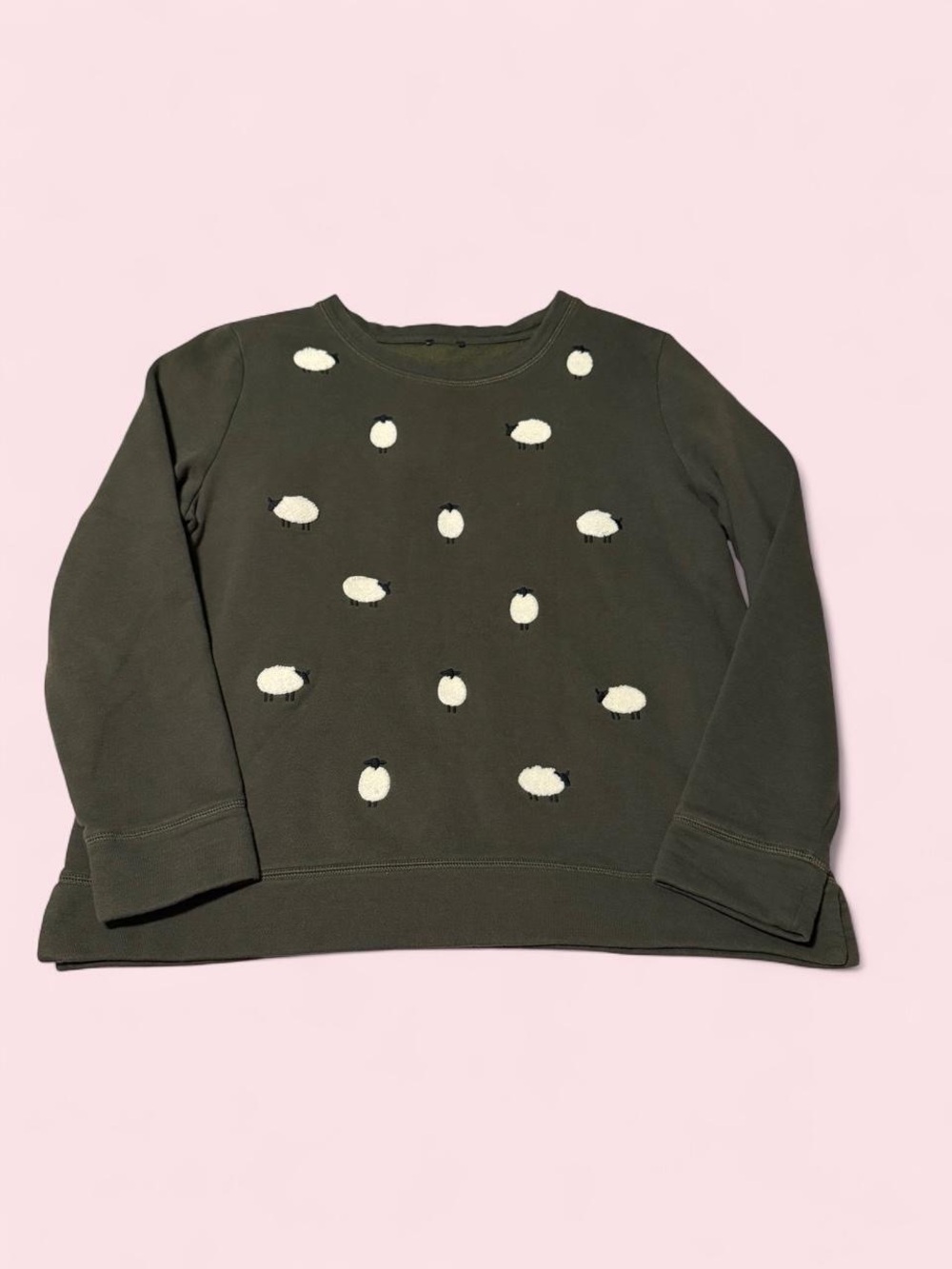 Talbots Olive Green Crewneck Sweatshirt with Cream Sheep Motif